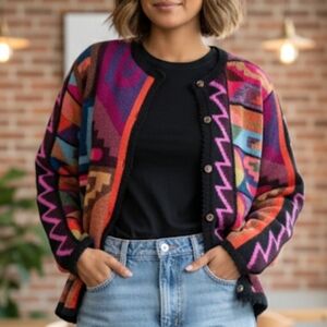 Baby Alpaca Lightweight Knit Cardigan Artsy Eclectic Design Size Small Fits M-L